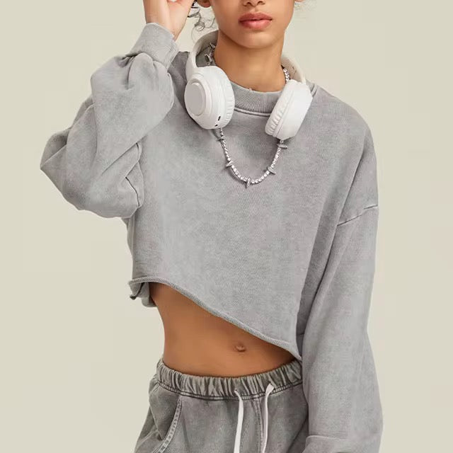 Women’s Grey Distressed Crop Crewneck